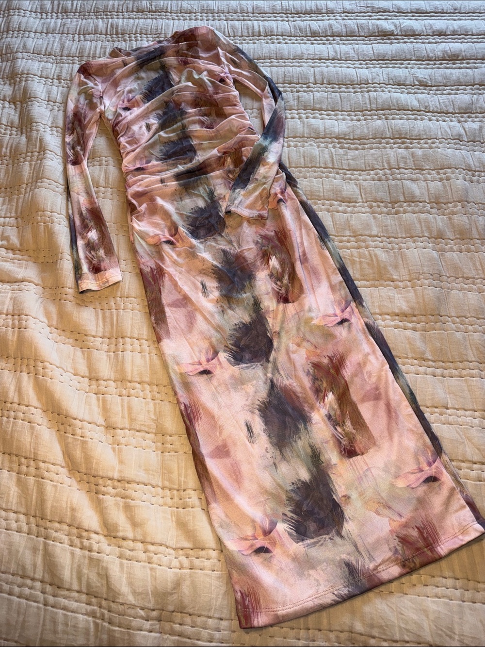 Graphic Bodycon Long Sleeve Pink Abstract Maxi Dress